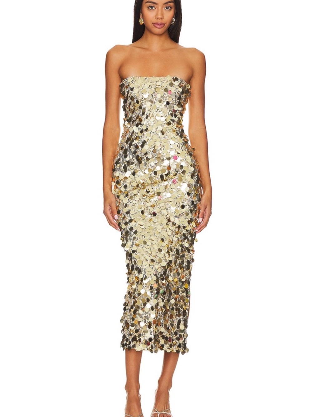 Gold Sequin Strapless Midi Dress